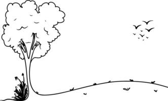 campo panorama dentro contínuo linha arte desenhando estilo. árvores com Relva flor e vôo pássaro. ilustração vetor