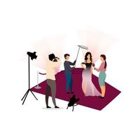 jornalistas entrevistando ilustração em vetor plana celebridade. fotógrafos, paparazzi fotografando estrela de cinema, cantora, personagens de desenhos animados de pessoas famosas. cerimônia de inauguração, concerto