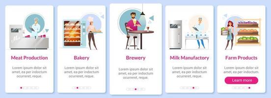 modelo de vetor de tela de aplicativo móvel integrado de produção. carne, leite e produtos agrícolas. padaria. cervejaria. passo a passo do site com caracteres planos. conceito de interface de desenho animado de smartphone ux, ui, gui