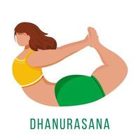 ilustração em vetor plana dhanurasana. pose de arco. mulher caucausiana realizando postura de ioga em roupas esportivas verdes e amarelas. treino. exercício físico. personagem de desenho animado isolado em fundo branco