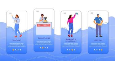 modelo de vetor de tela de aplicativo móvel de integração de correios. rastreamento, serviços bancários e remessas. passo a passo do site com caracteres planos. conceito de interface de desenho animado de smartphone ux, ui, gui