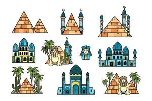 uma coleção do imagens do edifícios e monumentos a partir de Egito e a meio leste vetor