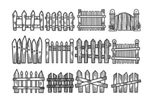 uma conjunto do de madeira cercas com uma variedade do desenhos e tamanhos vetor