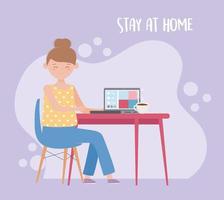 ficar em casa, mulher com computador conectado online vetor