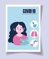 covid 19 coronavírus, mulher com informação, sintomas, doença, pôster vetor