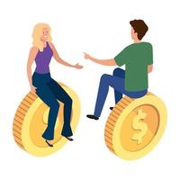 jovem casal com ícone isolado de moedas vetor