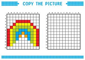 cópia de a foto, completo a rede imagem. educacional fichas de trabalho desenhando com quadrados, coloração célula áreas. crianças pré escola Atividades. desenho animado , pixel arte. arco Iris ilustração. vetor