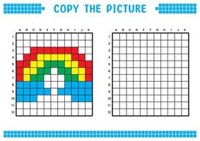 cópia de a foto, completo a rede imagem. educacional fichas de trabalho desenhando com quadrados, coloração célula áreas. crianças pré escola Atividades. desenho animado , pixel arte. arco Iris e nuvem ilustração. vetor