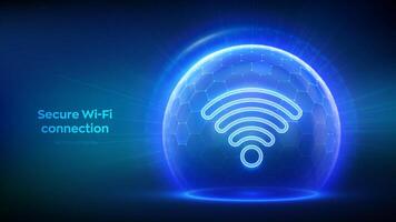 Wi-fi rede ícone dentro transparente proteção esfera escudo com hexágono padronizar em azul fundo. seguro wi fi sem fio rede conexão. cyber segurança. Wi-fi criptografia. vetor