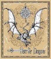 lindo vôo Dragão, antigo espada e bússola dentro quadro. esboço do tatuagem fantasia conceito e camiseta Projeto. gráfico linha arte ilustração vetor