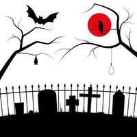 a assustador silhueta do uma cemitério com lápides, cruzes e uma cerca. vetor