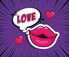 Lábios sensuais com letras de amor ícone de estilo pop art vetor