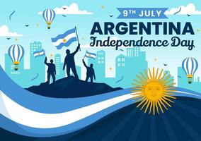 feliz Argentina independência dia ilustração em 9º do Julho com acenando bandeira e fita dentro plano desenho animado celebração fundo Projeto vetor