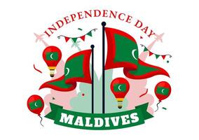 feliz Maldivas independência dia ilustração em 26 Julho com maldivo ondulado bandeira e fita dentro plano desenho animado fundo Projeto vetor