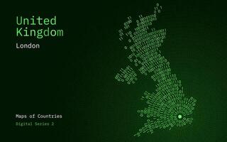 uma mapa do Unidos reino retratado dentro zeros e uns dentro a Formato do uma círculo. a capital, Londres, é mostrando dentro a Centro do a círculo vetor