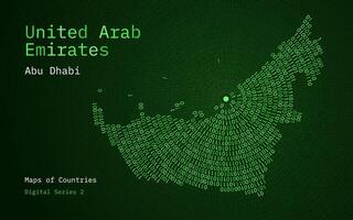 uma mapa do Unidos árabe Emirados retratado dentro zeros e uns dentro a Formato do uma círculo. a capital, abu dhabi, é mostrando dentro a Centro do a círculo vetor