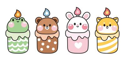 conjunto do fofa animais cabeça vela desenho animado mão desenhado.iluminação.sapo.urso.coelho.shiba inu cachorro.imagem para cartão, cartaz, festa aniversário,celebrate.kawaii.illustration. vetor