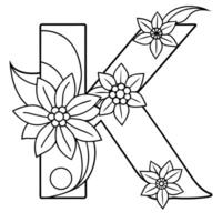 alfabeto k coloração página com a flor, k carta digital esboço floral coloração página, abc coloração página vetor