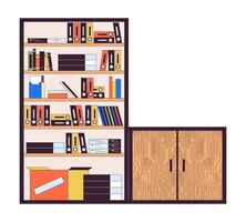 estantes de livros com de madeira gabinete 2d linear desenho animado objetos. moderno escritório mobiliário isolado linha elementos branco fundo. corporativo interior Projeto cor plano local ilustração vetor