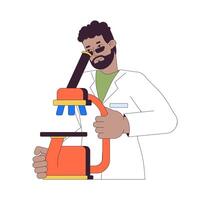africano americano cientista olhando dentro microscópio 2d linear desenho animado personagem. masculino médico estudando amostra isolado linha pessoa branco fundo. pesquisando cor plano local ilustração vetor