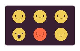 emojis expressando diferente sentimentos 2d linear desenho animado objetos. emoções em pequeno rostos isolado linha elementos branco fundo. comunicação conectados cor plano local ilustração vetor