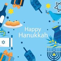 feliz hanukkah com moldura de ícones vetor