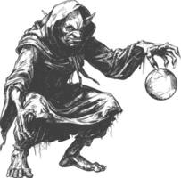 goblin mago ou necromante com mágico esfera imagens usando velho gravação estilo vetor