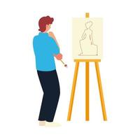 pintor homem olhando uma tela com uma modelo feminina, aula de pintura