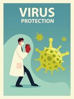 proteção contra vírus covid 19 e homem médico com máscara e design de vetor de luvas de boxe