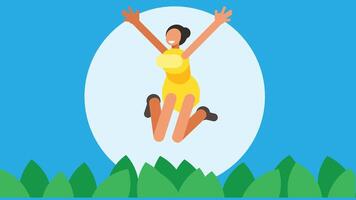 mulher saltos com extremo alegria e felicidade plano Projeto ilustração vetor