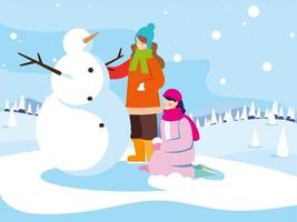 mulheres com boneco de neve na paisagem de inverno vetor