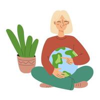 uma sereno Loiras mulher senta de pernas cruzadas, embalando uma estilizado globo planeta, simbolizando Cuidado e de Meio Ambiente conhecimento, com uma em vaso plantar ao lado. plano ilustração para rede ou aplicativo Projeto vetor