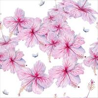Rosa hibisco flores desatado padronizar com minúsculo borboletas. aguarela ilustração isolado em branco fundo. para floral botânico cartões, papeis de parede e roupa de cama linho tropical tecido desenhos vetor