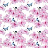 Rosa hibisco flores desatado padronizar com azul borboletas e carriça pássaro. aguarela ilustração isolado em branco fundo. para floral cartões, chá toalhas, papeis de parede e tropical tecido desenhos vetor