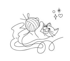 fofa gato tocam com uma bola do fio. rabisco esboço Preto e branco ilustração. vetor