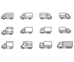 linha ícone conjunto caminhão. transporte fino Entrega serviço símbolo. indústria transporte e o negócio Remessa logística. recipiente furgão pictograma e coleção entregando placa vetor
