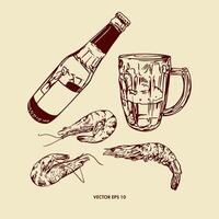 cerveja, garrafa, vidro cálice com lidar, camarão. ilustração dentro gráfico estilo. Projeto do menus, vinho e Cerveja cartões, rótulos, bandeiras, folhetos. vetor