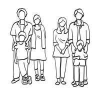 dois família com pai mãe e filho em pé juntos ilustração mão desenhado isolado em branco fundo vetor