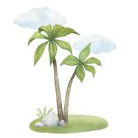 aguarela ilustração composição do uma estilizado Palma árvore em verde Relva com nuvens e pedra, isolado. para crianças quarto decoração, composições, fundos vetor