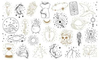 boho místico doodle conjunto esotérico. pôster de arte de linha mágica com tarô, chapéu de bruxa, caldeirão vetor