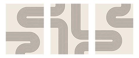 conjunto de impressão de arte minimalista moderna de meados do século com forma orgânica natural. fundo estético contemporâneo abstrato com linha preta geométrica mínima em bege. decoração de parede boho. vetor