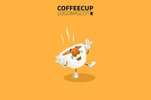 mascote da xícara de café dos desenhos animados, ilustração vetorial de um mascote bonito da xícara de café branco vetor