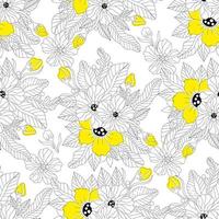 monocromático doodle padrão sem emenda de flor amarela boêmia, página para livro de colorir adulto. contorno floral preto e branco. ilustração desenhada à mão do vetor. vetor