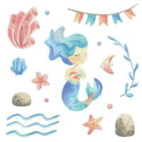 sereia é uma pequeno menina com peixe, Concha do mar, corais, algas, estrela do Mar. aguarela ilustração mão desenhado com pastel cores turquesa, azul, coral, Rosa. conjunto do elementos isolado a partir de fundo. vetor
