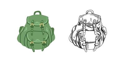 fofa mão desenhado acampamento mochila. plano e esboço Preto ilustração isolado em branco fundo. rabisco desenho. vetor