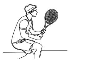 1 contínuo Preto linha mão desenhando do homem jogando tênis rabisco linear desenhando homem desenho animado Palyer em branco. vetor