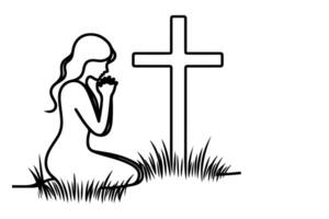 contínuo 1 solteiro Preto linha desenhando pessoa ajoelhado e Rezar dentro frente do a Cruz ilustração em branco fundo. vetor