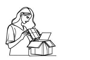 contínuo 1 solteiro Preto linha desenhando uma mulher segurando caixa ou presente e abertura uma caixa com polegares acima vetor