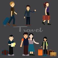 conjunto do fêmea e masculino personagens com malas e bolsas. conceito para viagem ou estilo de vida blog, promocional conteúdo para bagagem. aeroportos e estações vetor