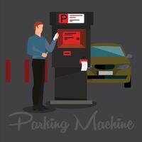 masculino motorista leva estacionamento recibo. moderno estacionamento máquina. estacionamento zona com Forma de pagamento sistema. vetor